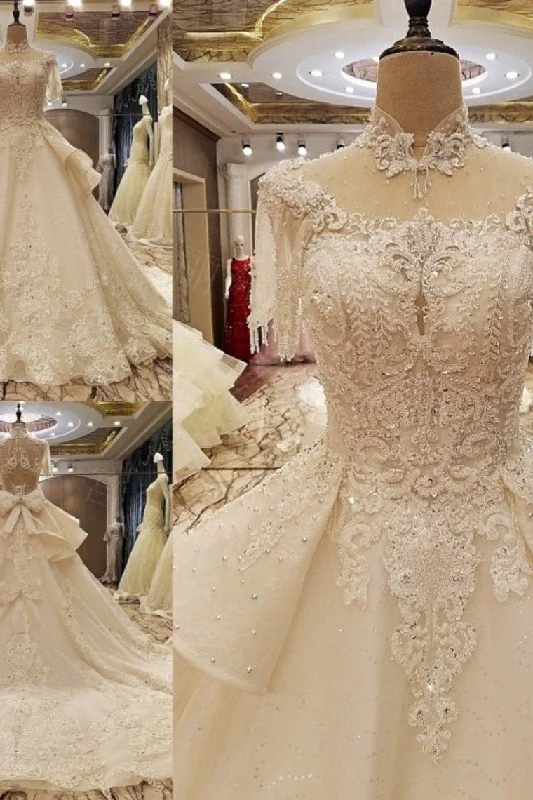 New Arrival Marvelous High Neck Wedding Dresses With Bow Knot Appliques And Beadings Tunics Evening elegant