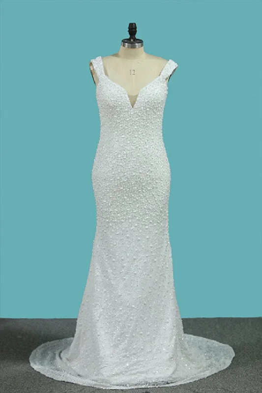 New Arrival Mermaid Straps Wedding Dresses Lace & Chiffon With Beads Court Train Tunics Spring floral