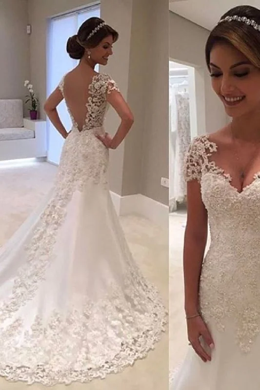New Arrival Mermaid/Trumpet V-Neck Tulle Wedding Dresses With Applique Short Sleeves Tunics Modern contemporary