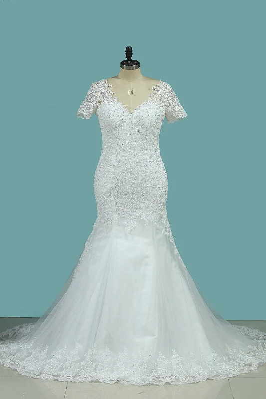 New Arrival Mermaid/Trumpet Wedding Dresses V-Neck Tulle With Applique Short Sleeves Tunics Designer luxury