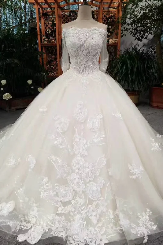 New Arrival Mid-Length Sleeves Wedding Dresses With Appliques And Sequins Boat Neck Tunics Custom made