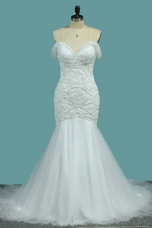 New Arrival Off The Shoulder Mermaid Tulle & Lace With Beads Wedding Dresses Tunics Trendy modern