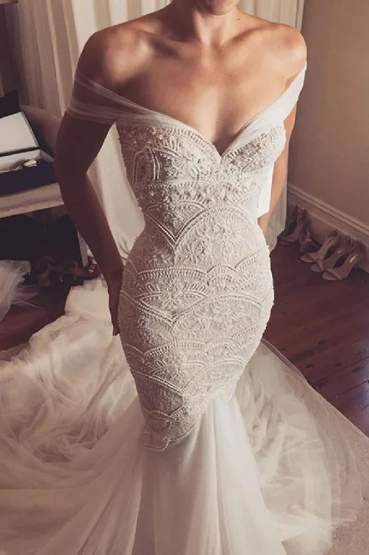 New Arrival Off The Shoulder Wedding Dresses Mermaid Tulle & Lace With Beads Tunics Practical durable