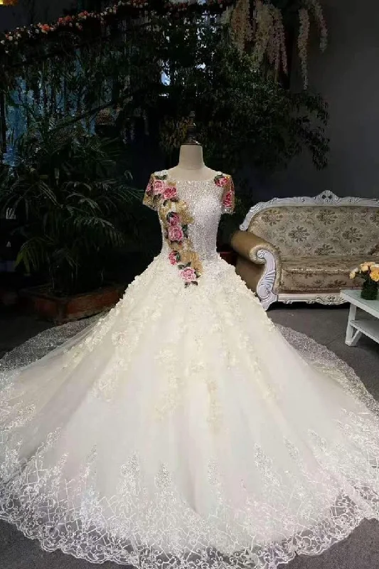 New Arrival Peony Flower Wedding Dresses Scoop Neck Tulle Lace Up With Beaded Bodice Tunics Sophisticated sleek
