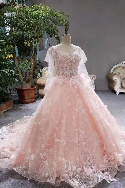 New Arrival Pink Wedding Dresses Lace Up With Appliques A-Line Scoop Neck Tunics Stylish elegant