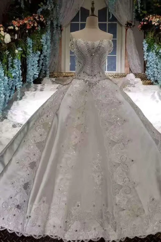 New Arrival Satin Luxurious Off The Shoulder Wedding Dresses Lace Up With Appliques And Beading Pencil Office Professional
