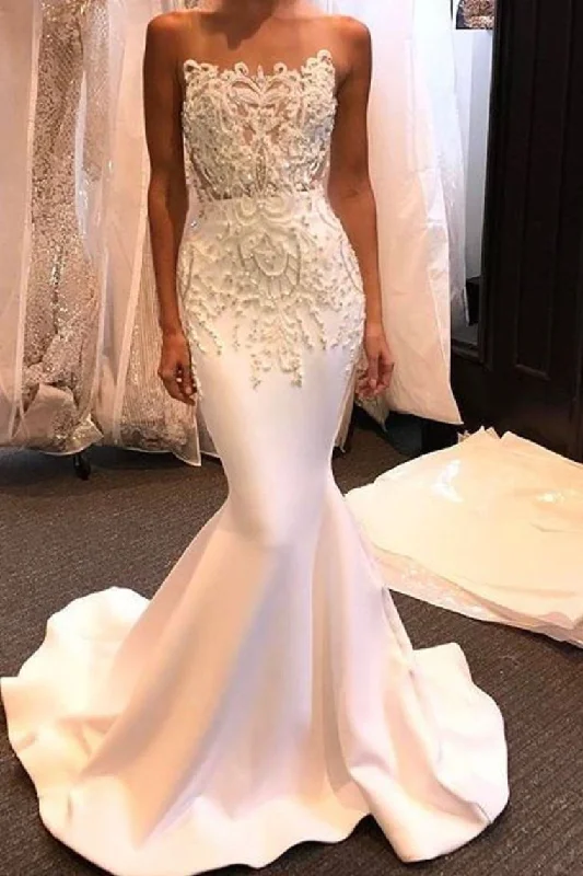 New Arrival Satin Wedding Dresses Mermaid Scoop With Appliques And Beads sweetheart Neckline Romantic