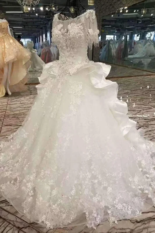 New Arrival Scoop Luxurious Wedding Dresses Lace Up With Appliques And Beading Tunics Satin smooth