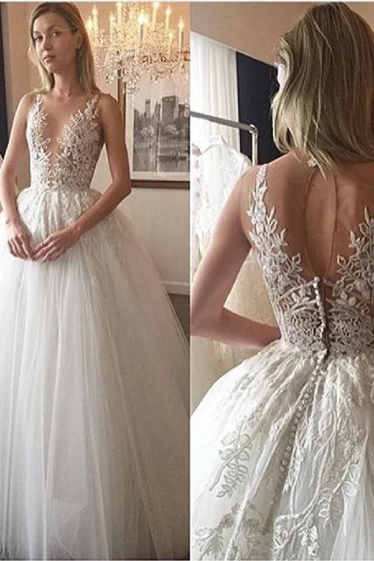 New Arrival Scoop Neck Wedding Dresses Ball Gown Tulle With Appliques Covered Button Tunics Travel practical