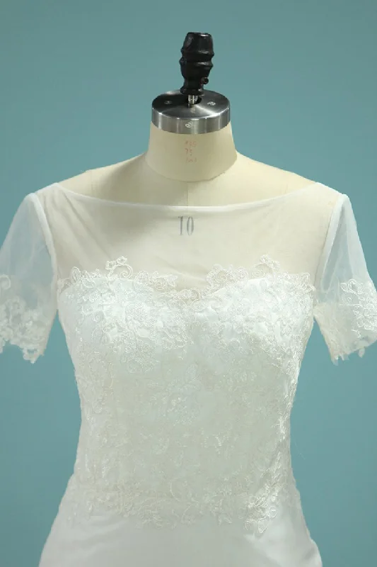 New Arrival Scoop Short Sleeves Mermaid Tulle With Applique Wedding Dresses Tunics Vintage classic