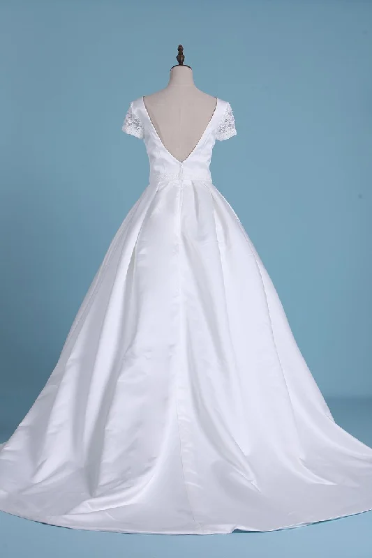 New Arrival Scoop Wedding Dresses A Line Short Sleeves Court Train Satin Tunics Brand named