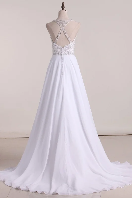 New Arrival Spaghetti Straps A Line Wedding Dresses Chiffon With Beading Tunics Stylish elegant