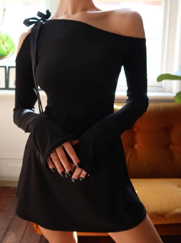 Zjkrl - 2023 Summer Sexy Strapless Longsleeve Hollow Out Mini Dress For Women Bandage Slim Inclied Shoulder Dress Party Night A-Line Day Work