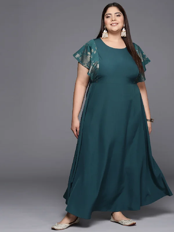 Teal Plus Size Floral Print A-line Maxi Ethnic Dress Tunics Versatile all-occasion