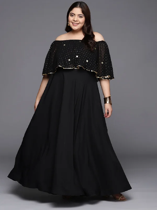 Black & Gold Plus Size Off-Shoulder Maxi Ethnic Dress Boatneck Modish Everyday