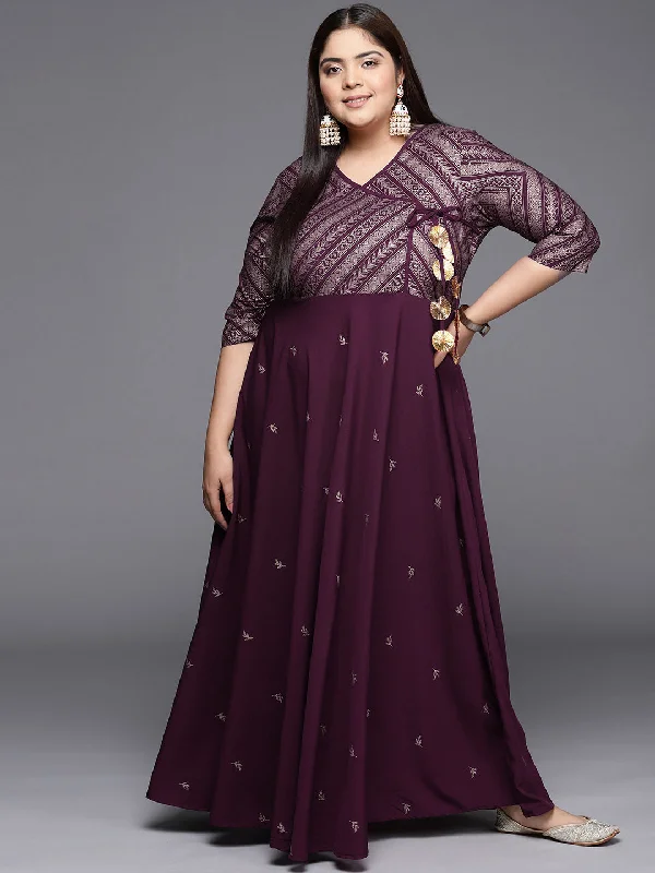 Burgandy & Gold Printed Plus Size Maxi Ethnic Dress Tunics Denim casual