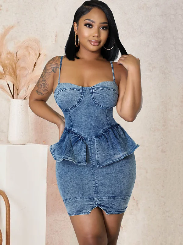Denim Spaghetti Strap Ruffle Bodycon Mini Dresses Tunics Canvas sturdy