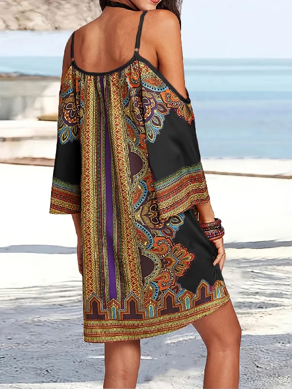 Ethnic Floral Print Dress, Vintage Cold Shoulder Spaghetti Loose Mini Dress, Women's Clothing Tunics Plaid country