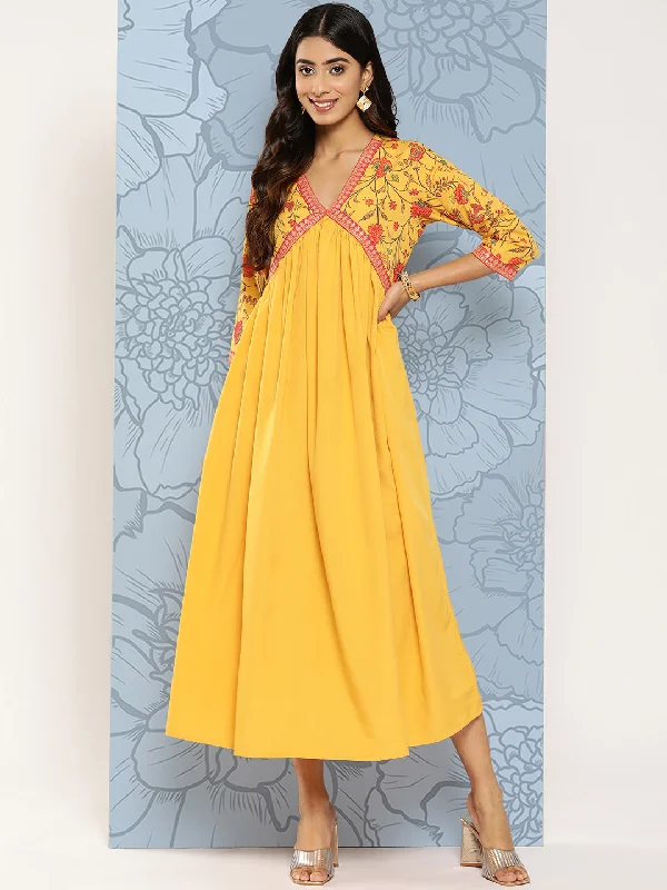 Yellow Floral Print Empire Midi Ethnic Dress Tunics Cozy comfortable