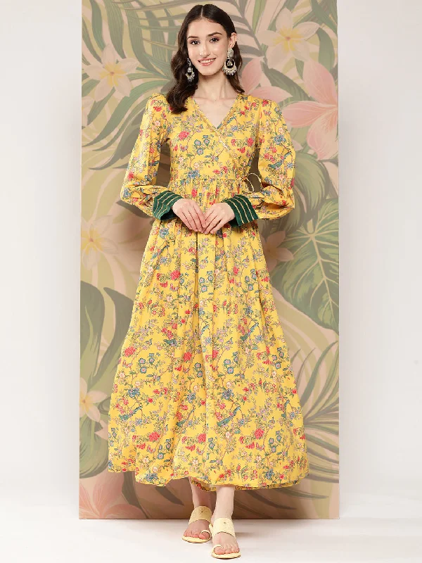 Yellow Floral Printed Tie-Ups Empire Ethnic Dress Tunics Versatile stylish
