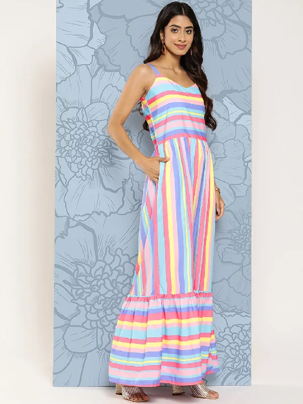 Pink & Blue Striped Maxi Ethnic Dress Tunics Cozy soft