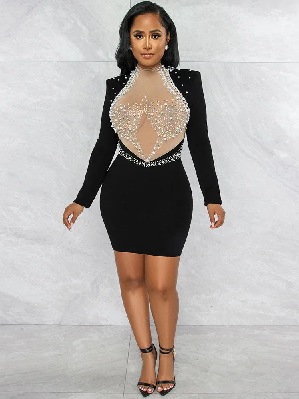 Long Sleeve Glitter Rhinestone Mini Dresses Tunics Custom made