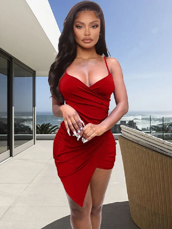 Sleeveless  Asymmetrical  Ruched Split Mini Dresses Shift Classic Vintage