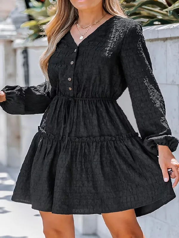 Women's Casual Dress Black Dress Plain Dress Mini Dress Ruched Button Street Daily Holiday Active Fashion V Neck Long Sleeve 2023 Regular Fit Black Color S M L XL Size Tunics Fashionable trendy