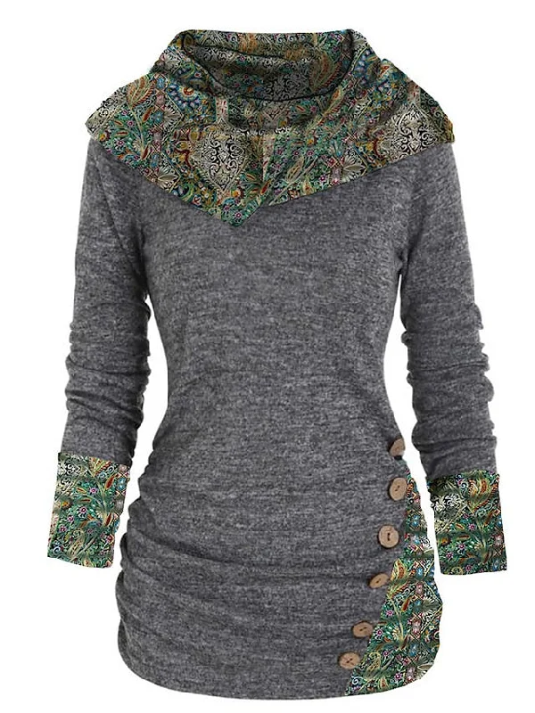 Women's Casual Dress Ethnic Dress Print Dress Floral Paisley Patchwork Button Cowl Neck Mini Dress Vintage Ethnic Outdoor Date Long Sleeve Loose Fit Gray Spring Fall S M L XL XXL Tunics Timeless classic