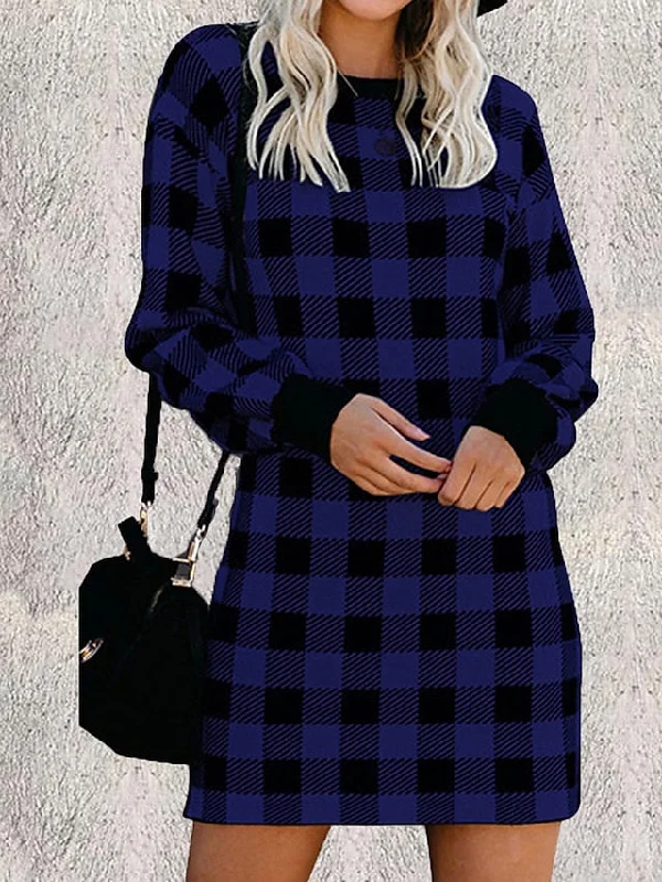Women's Casual Dress Plaid Dress Plain Dress Mini Dress Patchwork Home Holiday Date Active Fashion Crew Neck Long Sleeve 2023 Loose Fit Royal Blue Color M L XL XXL 3XL Size Tunics Sophisticated sleek