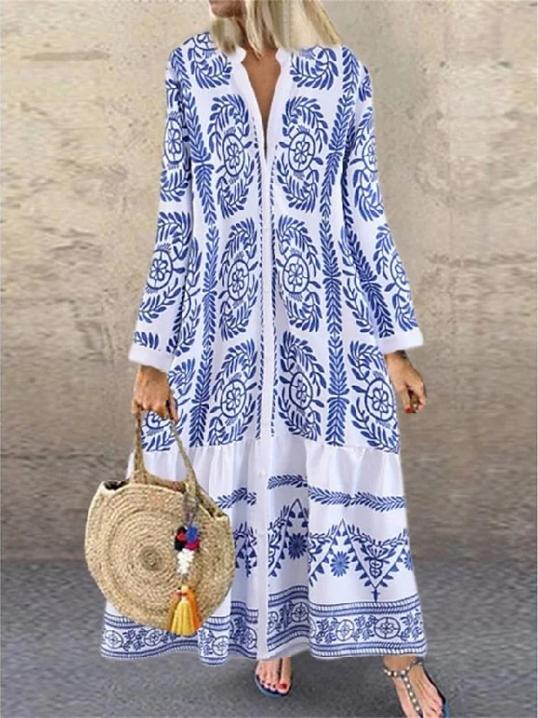 Women's Casual Dress Swing Dress Print Dress Geometric Print V Neck Mini Dress Fashion Streetwear Outdoor Daily Long Sleeve Loose Fit Blue Green Gray Spring Fall S M L XL XXL Tunics Party sparkling