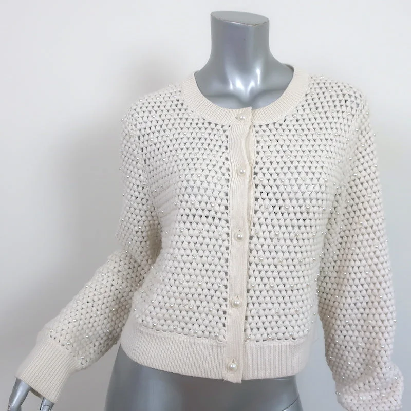 Alice + Olivia Faux Pearl Cardigan Kitty Ivory Crochet Wool Size Large Long Cardigan Short Cardigan Medium Cardigan