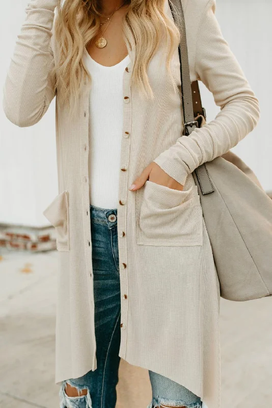 Apricot Selected Button Down Pocketed Knit High Low Long Cardigan Tailored Straight A-Line