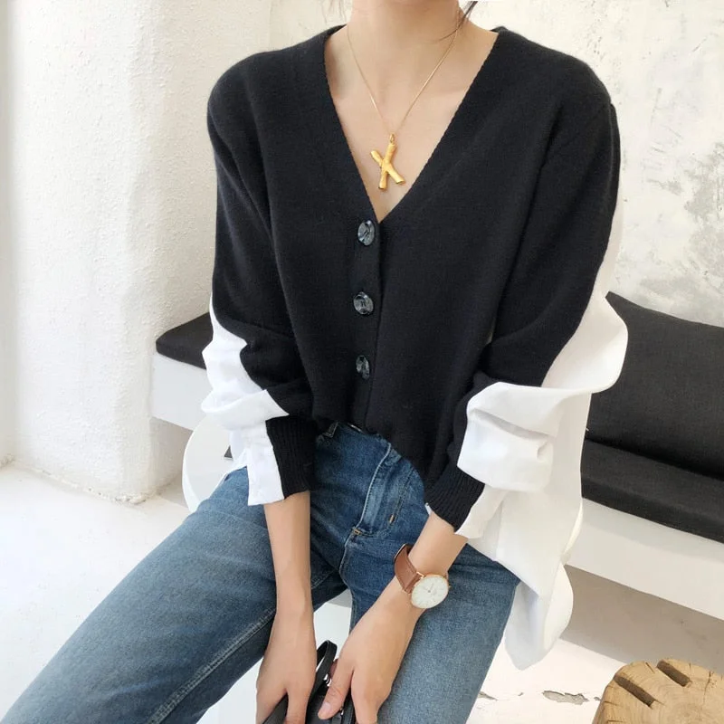 Black White Patchwork Cardigan Sweater Women 2019 Machine Wash Dry Clean Hand Wash
