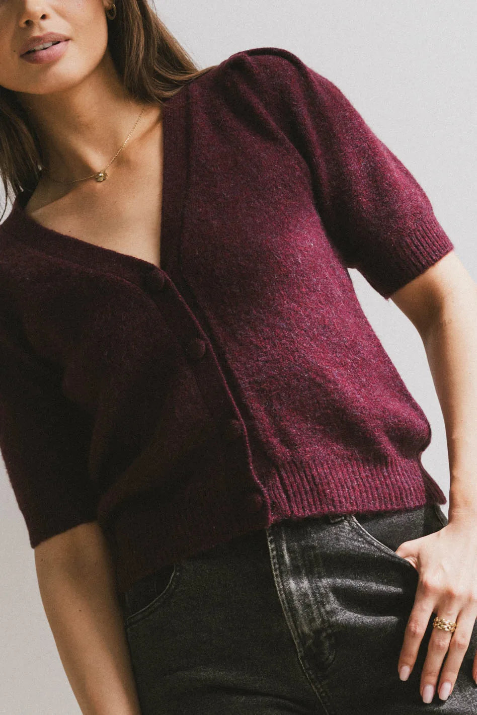 Colletta Short Sleeve Cardigan in Wine Thin Thick Dense