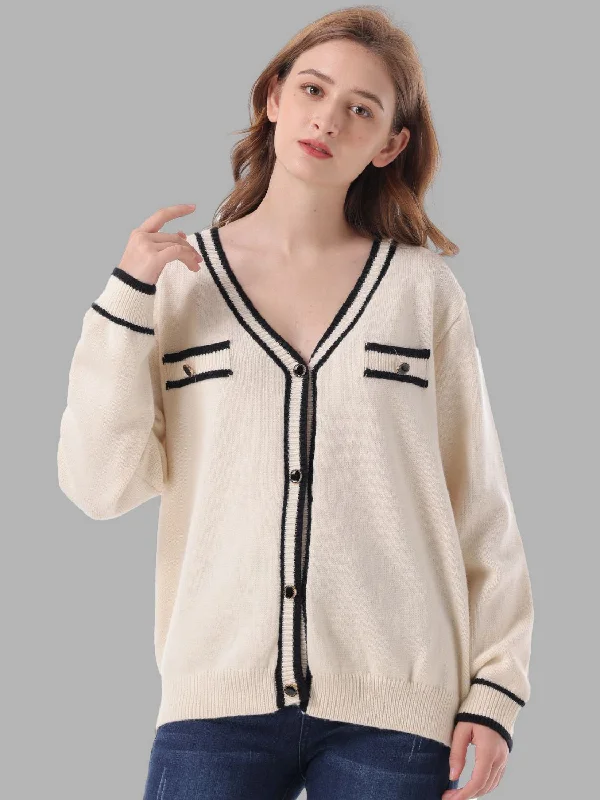 Contrast V-Neck Button Down Cardigan Asymmetrical,ymmetric Pencil Cardigan
