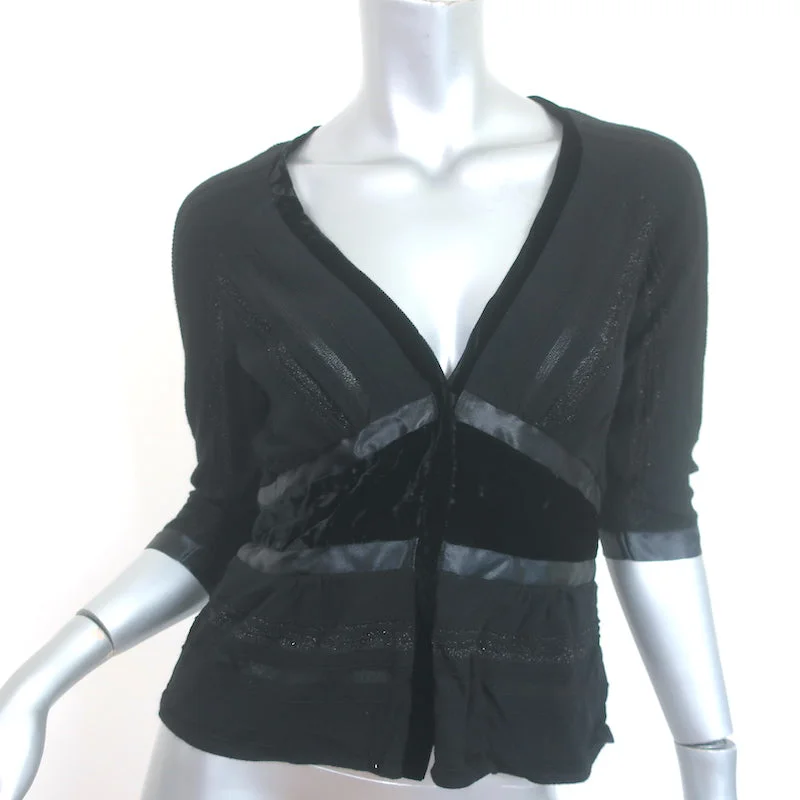 Etro Cardigan Black Satin-Trimmed Metallic Knit Size 40 V-Neck Sweater NEW Neon metallic Matte