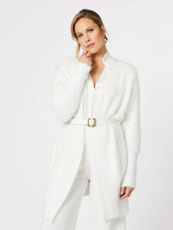 Feather Knit 2 Way Cardigan - Winter White Zippered Front Buttoned Front Snap Front