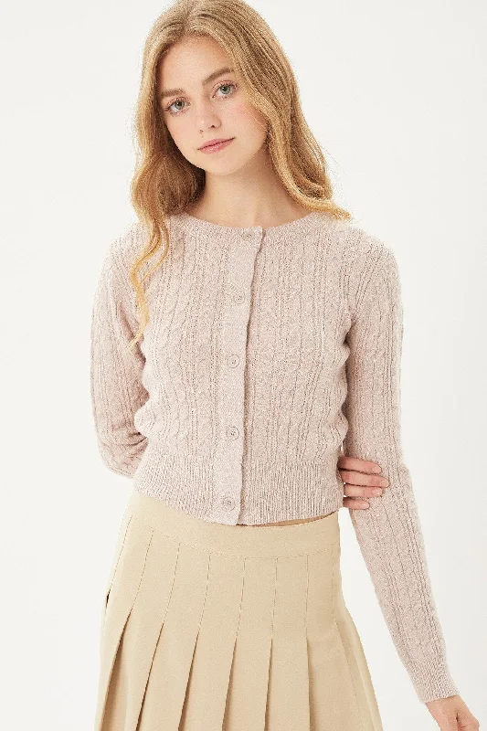 Buttoned Cable Knit Cardigan Long Sleeve Sweater Front Pockets Side Pockets Patch Pockets