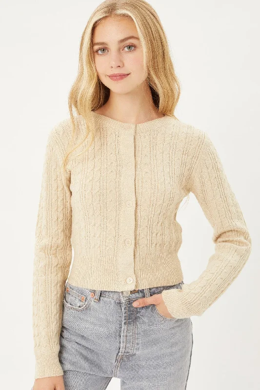 Buttoned Cable Knit Cardigan Long Sleeve Sweater Notch Collar Peter Pan Collar Cowl Neck