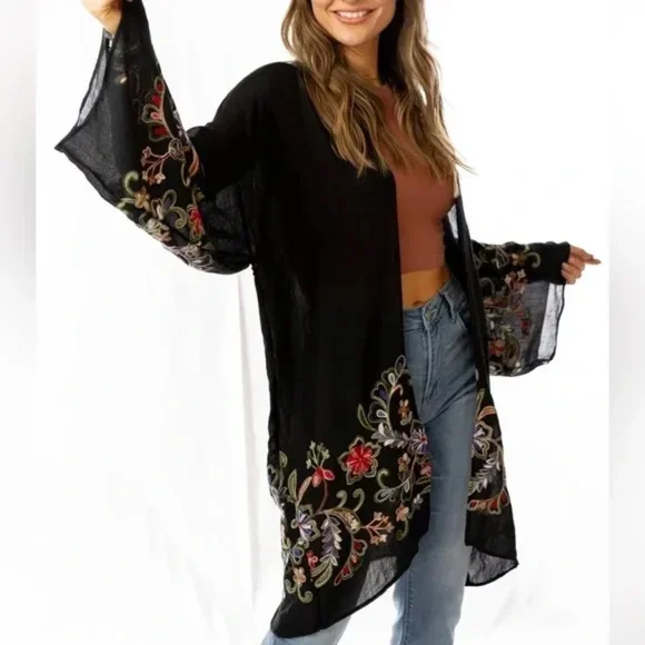 Black Longline Floral Embroidered Kimono Open Wrap Cardigan Top One Size Lightweight Heavyweight Midweight