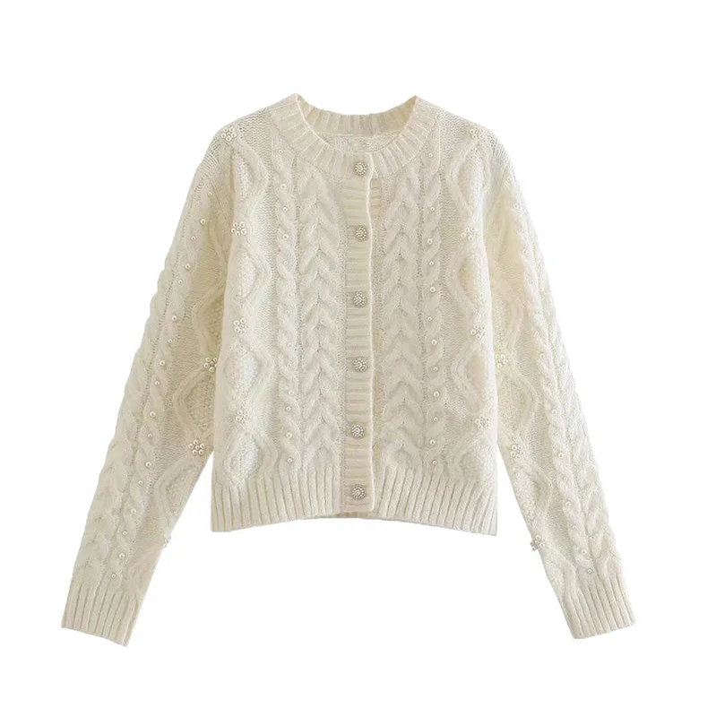 New French style pearl trim slim knit cardigan  7513 Toggled Drawstring Belted