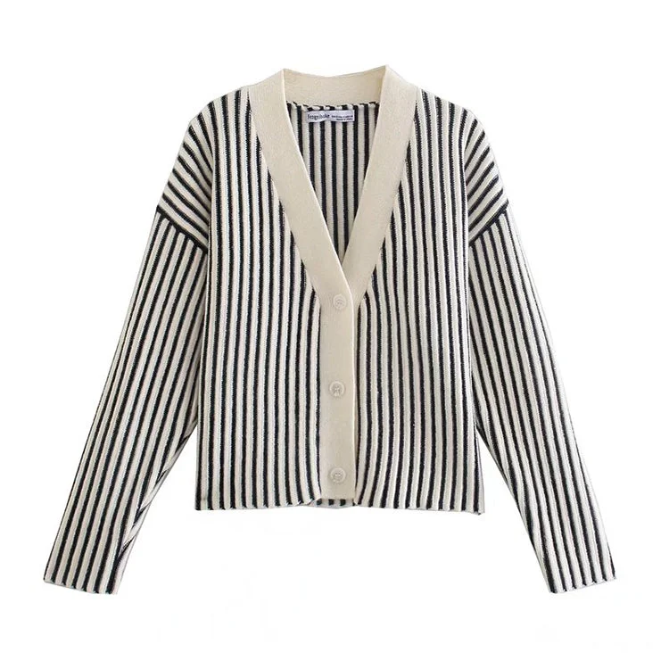 New Vintage V-neck black and white vertical stripe knitted cardigan coat  7487 Neon metallic Matte