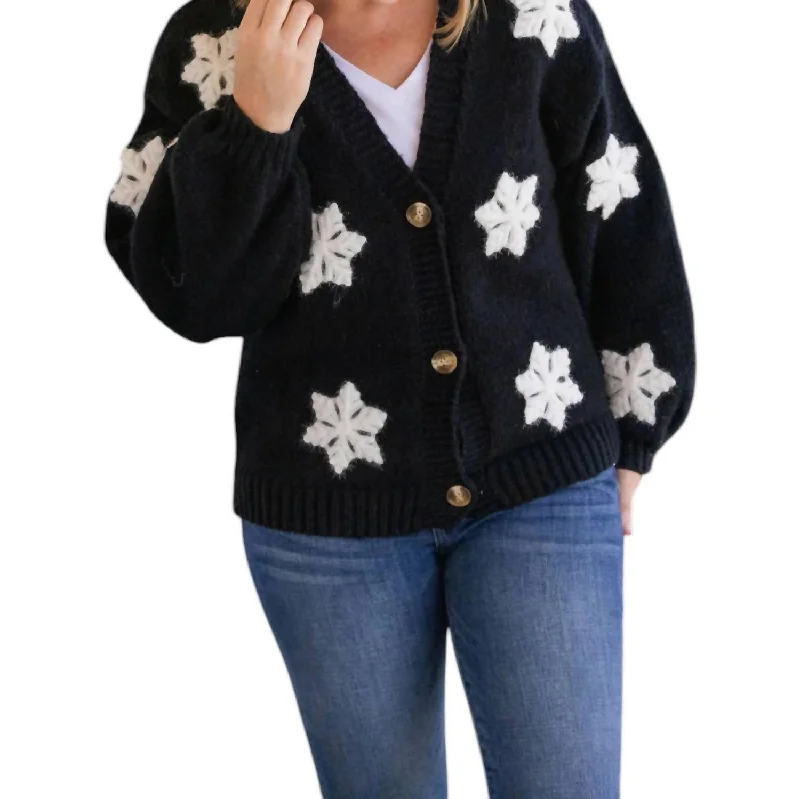 Snowflake Cardigan In Black Denim Fabric Leather Fabric Suede Fabric