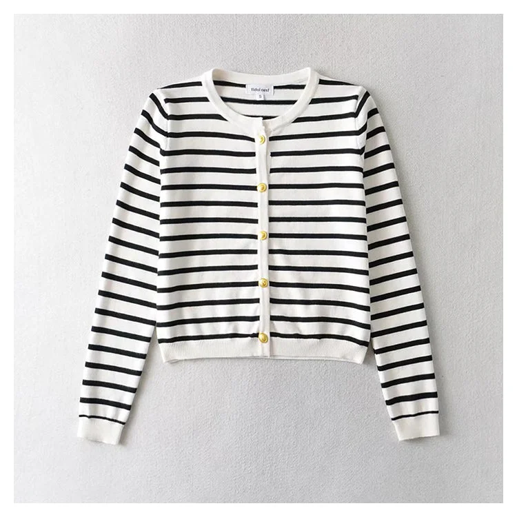 Xiaoxiangfeng knitted cardigan black and white striped gold button top  7524 Fleece Cardigan Nylon Polyester