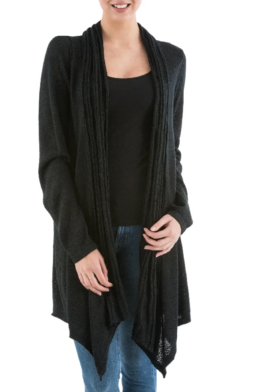 Black Waterfall Dream Long Sleeved Black Cardigan Sweater from Peru Casual Formal Business