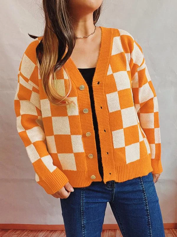 Checkerboard Contrast Women Cardigan Sweater Layered Multi-layer Single Layer