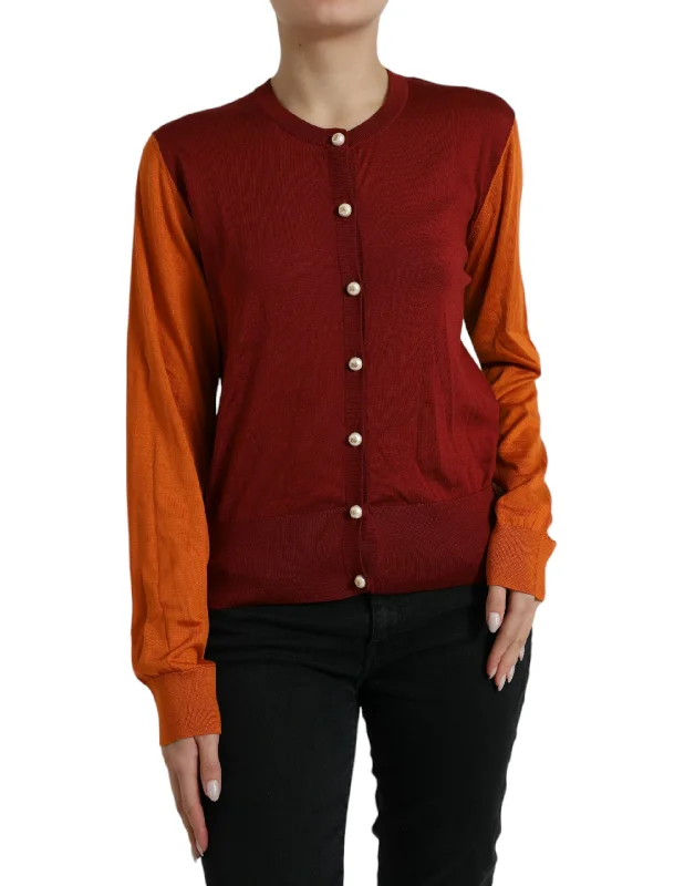 Dolce & Gabbana Silk Button Front Cardigan in Maroon Mix Modern Contemporary chic