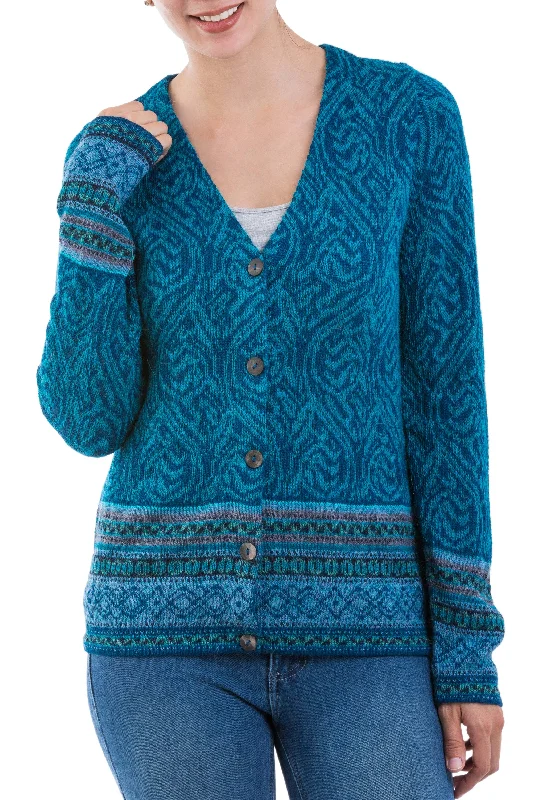 Dreamy Blues Teal 100% Alpaca Wool Cardigan Sweater from Peru Patchwork Embroidered Appliqued