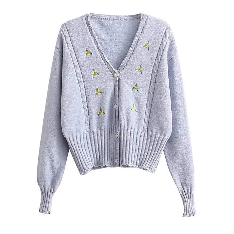 Embroidered V-neck button long sleeve short knit cardigan coat  7402 Oversized Loose Flowy